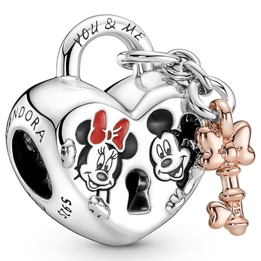 MICKEY AND MINNIE PADLOCK SILVER CUBIC ZIRCONIA ENAMEL charm