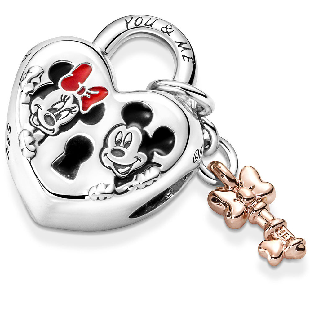 MICKEY AND MINNIE PADLOCK SILVER CUBIC ZIRCONIA ENAMEL charm
