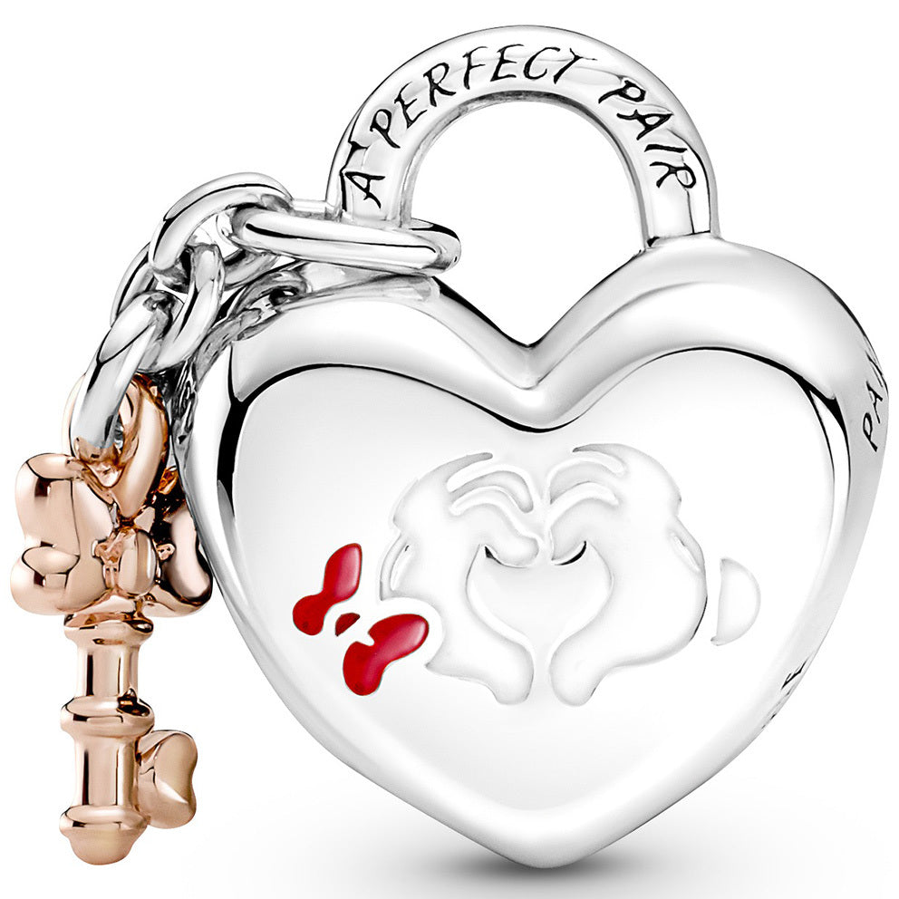 MICKEY AND MINNIE PADLOCK SILVER CUBIC ZIRCONIA ENAMEL charm