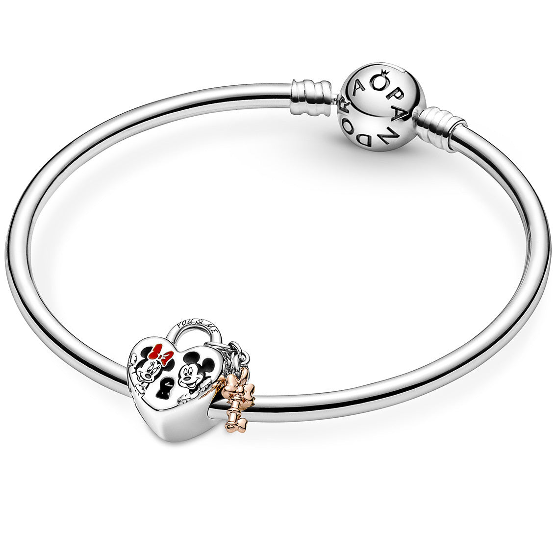 MICKEY AND MINNIE PADLOCK SILVER CUBIC ZIRCONIA ENAMEL charm